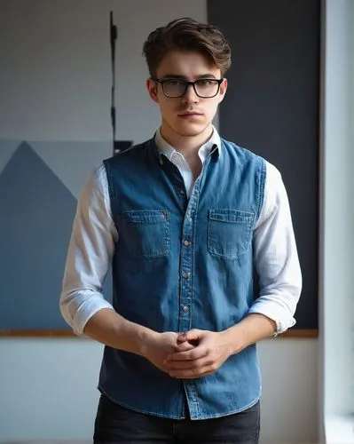 Young adult, male, architecture student, serious facial expression, black framed glasses, short brown hair, casual makeup, white shirt, dark blue jeans, sneakers, standing, confident posture, holding 