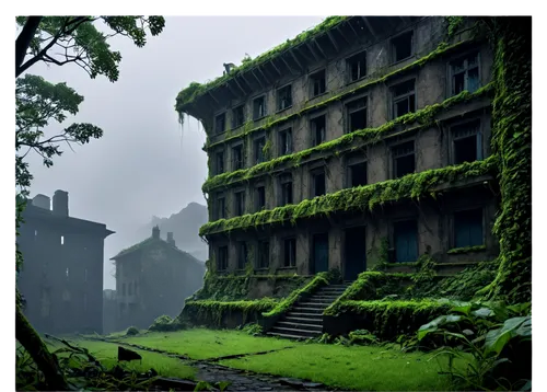 kudzu,sanatorium,ruin,ruins,apartment building,apartment block,overgrowth,dorms,lostplace,abandoned place,ziggurat,dormitory,apartment complex,enviro,industrial ruin,lost place,background ivy,overgrown,verdant,3d render,Photography,General,Sci-Fi