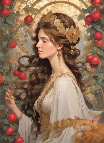 A surreal and mesmerizing painting by Alphonse Mucha, reflecting the influence of Qajar art, depicting an enigmatic woman with two luxurious cones of curled light brown hair on the sides of her head, 