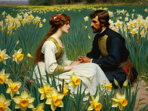 Imagine a romantic encounter amidst a field of blooming narcissus pseudonarcissus.,daffodils,daffodil field,jonquils,young couple,yellow daffodils,courtship,flowers of the field,jonquil,lilly of the v