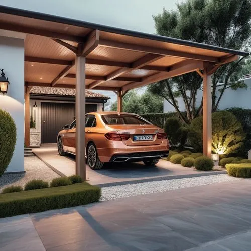 pergola closed with front door garage parking for two cars in front of villa
,an orange car parked under a wooden garage,carport,carports,velar,folding roof,garages,velars,Photography,General,Realisti