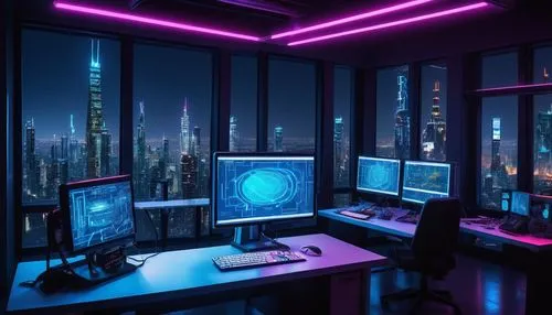 computer room,cyberpunk,cyber,blur office background,working space,the server room,computer workstation,modern office,cyberspace,computer desk,neon human resources,study room,work space,computer art,night administrator,desk,workspace,creative office,futuristic,desktop computer,Art,Artistic Painting,Artistic Painting 20