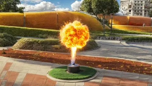 a explosion ,the sculpture features a long tail, which is exploding,the eternal flame,olympic flame,flaming torch,firespin,pyromaniac,pyromania