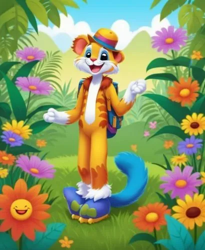 In a colorful cartoon world, a cheerful character with a wide grin and a content smile sits on a grassy patch, surrounded by colorful flowers. His fur is big and shiny, and his eyes are closed as he l