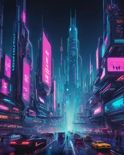 Free Dall E 3, futuristic cityscape, neon lights, skyscrapers, cyberpunk atmosphere, holographic advertisements, flying cars, robots walking by, distant spaceships, stunning detailed architecture, met