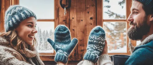 In a cozy winter cabin, two friends knit matching mittens while sharing stories and laughter. Write a dialogue capturing their warmth and joy.,winter background,winter clothes,winter clothing,christma