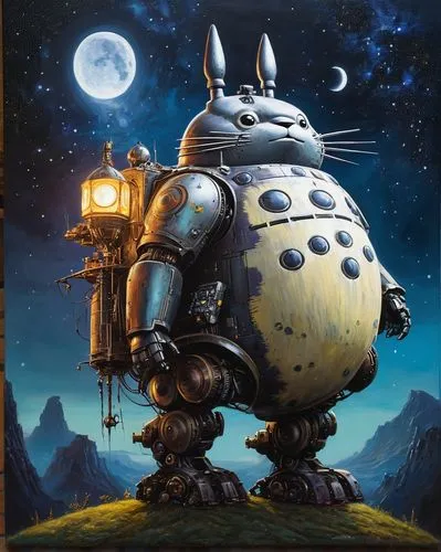 A mixed media Side profile painting of giant mech Totoro, pop surrealism by Peter Blume, mixed media, dribbling paint effect background,  pop surrealism, mixed media, moon light, illustrator Guillem H