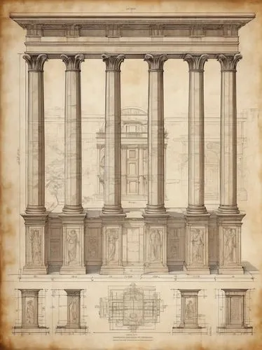 doric columns,palladian,corinthian order,columns,colonnaded,neoclassical,borromini,columned,hawksmoor,pilasters,palladio,entablature,glyptothek,celsus library,greek temple,roman columns,neoclassicist,treasury,pillars,pantheon,Unique,Design,Blueprint