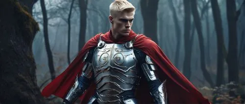 male, fantasy knight, muscular, broad shoulders, strong jawline, short blonde hair, blue eyes, scar above eyebrow, metal armor, silver sword, red cape, golden emblem, heroic pose, standing, misty fore