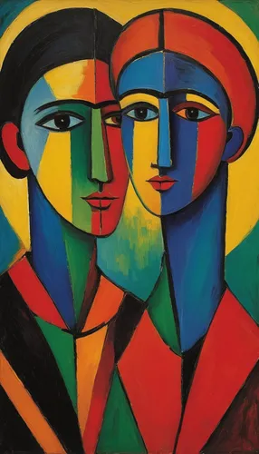 two people,young couple,picasso,man and woman,man and wife,cubism,african art,musicians,african masks,multicolor faces,couple,braque francais,contemporary witnesses,adam and eve,group of people,man and boy,heads,indian art,faces,human rights icons,Art,Artistic Painting,Artistic Painting 36