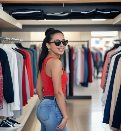 A surprise full body paparazzi photo.  The Moroccan girl with black hair gathered in a high ponytail is in a clothing store with shelves and hangers of brand name clothes in the background.  She wears