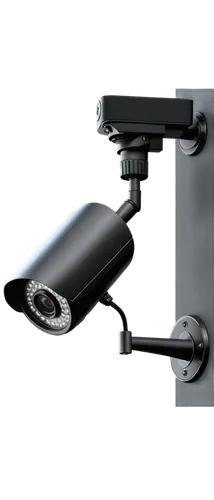 Surveillance camera, metal body, rounded shape, black color, LED lights, adjustable lens, rotating head, wall-mounted, high-angle view, 3/4 composition, shallow depth of field, cold metallic texture, 