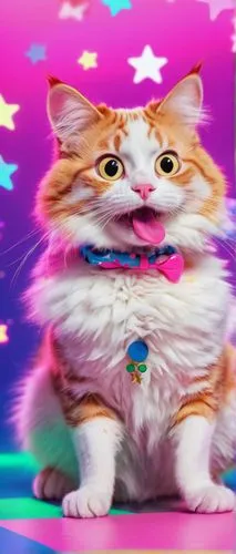 Goofy ahh cat, cartoon style, white fur, pink nose, whiskers, big eyes, cute expression, sitting pose, crossed legs, paws together, colorful background, polka dots, stars, soft focus, warm lighting, c