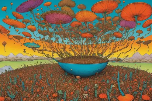 Imagine a futuristic world where lentils are the main source of energy and write a news article about it.,mushroom landscape,flying seeds,colorful balloons,vase,flying seed,tangerine tree,blue balloon