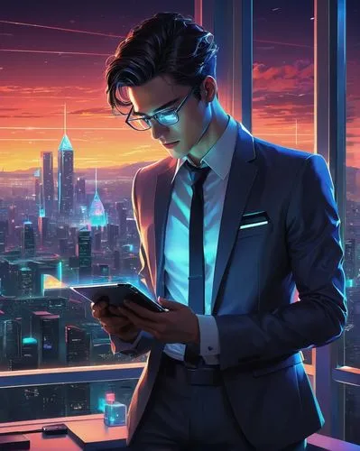 BL ( Boys' Love ) scene, AI robot, futuristic laboratory, neon lights, sleek metallic surfaces, wires, circuits, holographic screens, solo male character, slender build, white shirt, black tie, formal