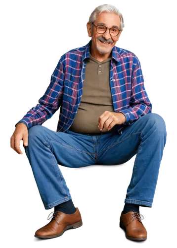 Old, mature, kind-eyed, gentle smiling, wrinkled face, silver hair, mustache, glasses, casual wear, plaid shirt, dark pants, brown shoes, sitting, relaxed posture, warm atmosphere, soft focus, natural