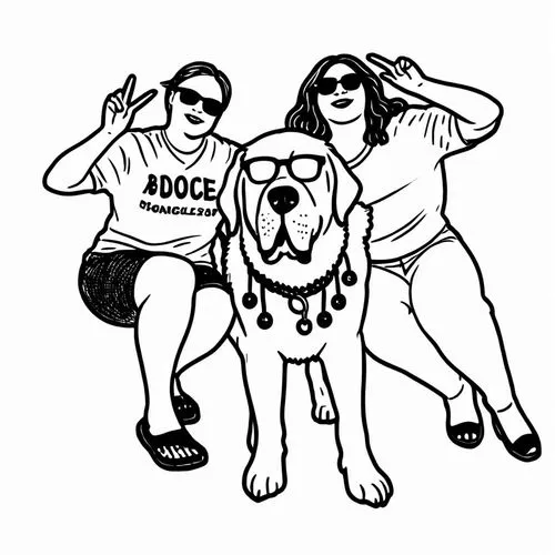 line art simple - their hands are holding up the peace sign - dog is wearing sunglasses - person on the left is wearing sunglasses - no text on shirts - person on the right is wearing glasses,a couple