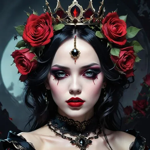 queen of hearts,gothic portrait,black rose hip,gothic woman,crowned,queen of the night,vampire lady,black rose,fantasy portrait,crown of thorns,gothic fashion,vampire woman,heart with crown,fairy queen,red roses,fantasy art,porcelain rose,red rose,queen crown,gothic style,Conceptual Art,Fantasy,Fantasy 06