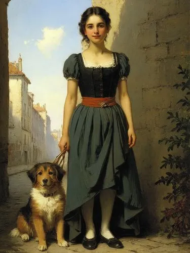 At random,a painting with a woman with a dog,girl with dog,bouguereau,bougereau,corday,female dog,dossi,Art,Classical Oil Painting,Classical Oil Painting 32