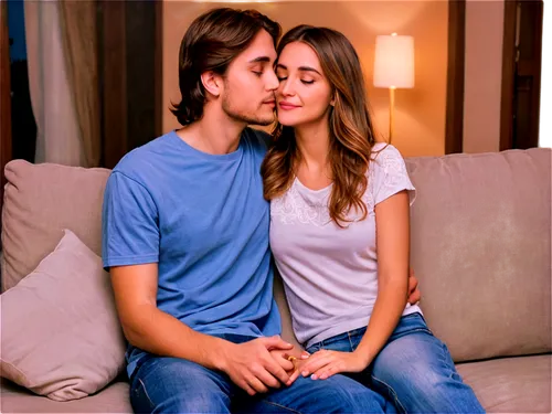 Couple, romantic, intimate, kissing, embracing, hands clasped, fingers intertwined, soft facial expression, dreamy eyes, gentle smile, tousled hair, casual wear, jeans, t-shirt, barefoot, sitting on c