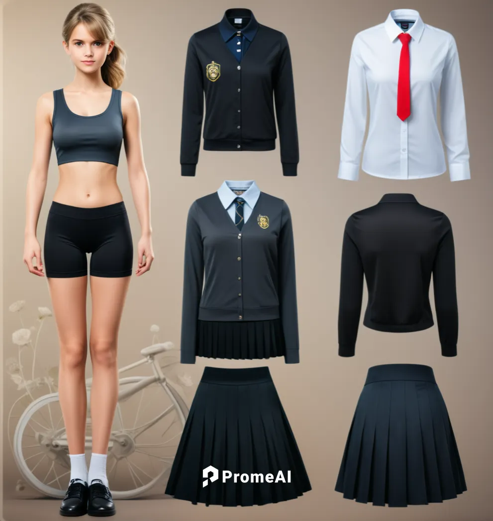 Paper doll British school girl in black sleeveless shirt ,black tight fit spandex shorts with black sock and shoe standing surrounded by with a set of british school uniform, shirt, grey pleated skirt