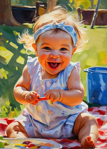 Paint a picture of a one-year-old giggling during a family picnic.,oil painting,girl with cereal bowl,baby laughing,oil painting on canvas,child portrait,painting eggs,watermelon painting,painting tec