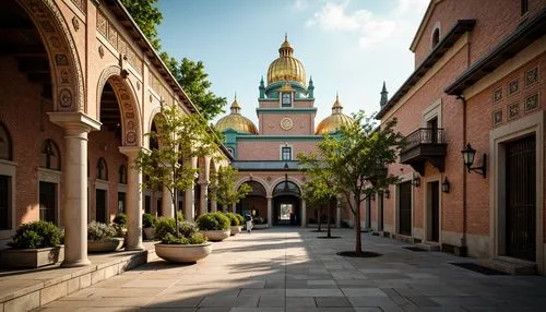 Intricate stone carvings, ornate golden domes, grand archways, ornamental columns, lavish mosaics, vibrant turquoise accents, majestic bell towers, rustic red brick walls, ornate ironwork gates, weath