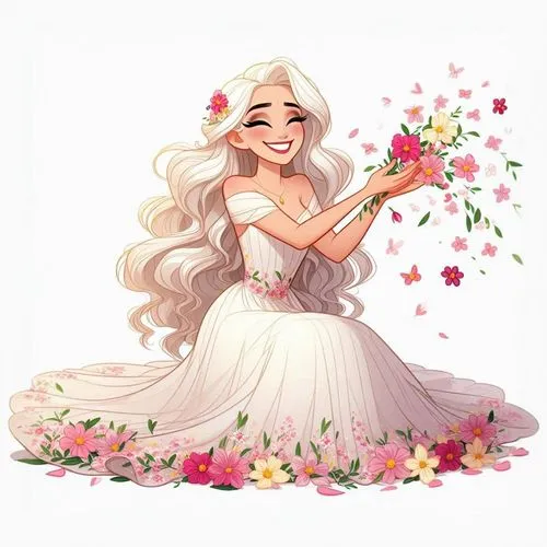 white rose snow queen,flower girl,holding flowers,rose flower illustration,flower fairy,rosa 'the fairy,rose wreath,blooming wreath,rosa ' the fairy,allura,bride,bridal,the bride,romantic rose,a princess,wedding dress,scent of roses,jessamine,elven flower,picking flowers