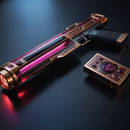 Photorealistic lifelike 4K. With many of its components made of (Obsidian) and Shown in its entirety in rifle-like configuration with sweeping overlapping components and multi-colored led lights with 