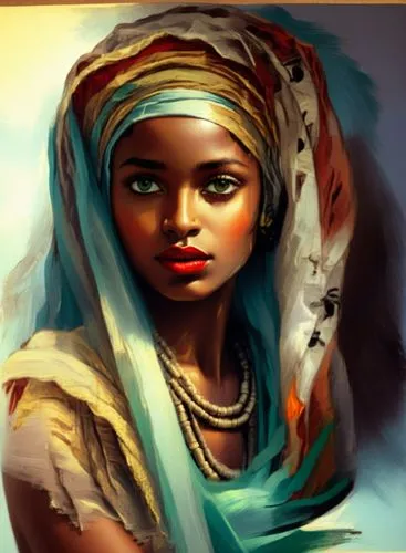 a woman in ethnic clothing with beads on her head,african woman,comorian,nigeria woman,fulbe,afar tribe,nigerien,Illustration,Realistic Fantasy,Realistic Fantasy 21