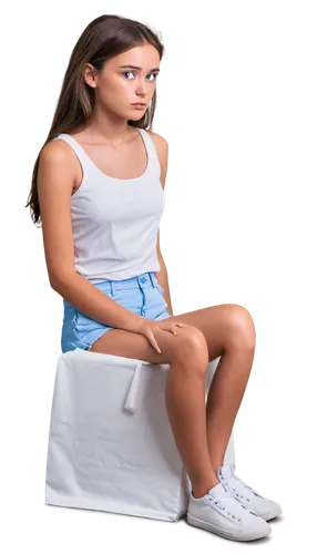 Girl, menstruation, solo, (18yo), worried expression, messy brown hair, no makeup, casual wear, white tank top, light blue shorts, sanitary napkin visible, crossed legs, sitting on toilet, realistic, 