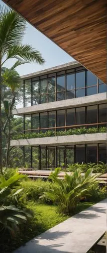 Architecture school, Sri Lanka, modern building, glass facade, steel structure, tropical climate, green roof, wooden accents, natural lighting, open spaces, collaborative learning, students sitting, l