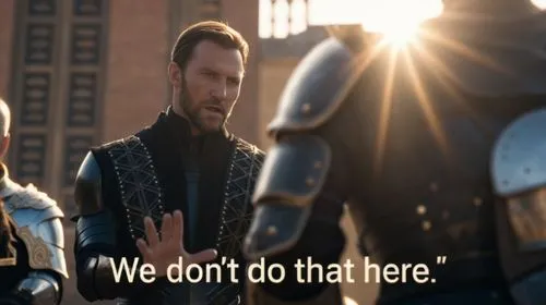 Man in black armor and crown gesturing to another in front of him. Phrase on the screen "We don't that here",Meme avengers 2 movie is being screened ,berkut,asgardians,valdostan,saladin,Meme,Avengers,