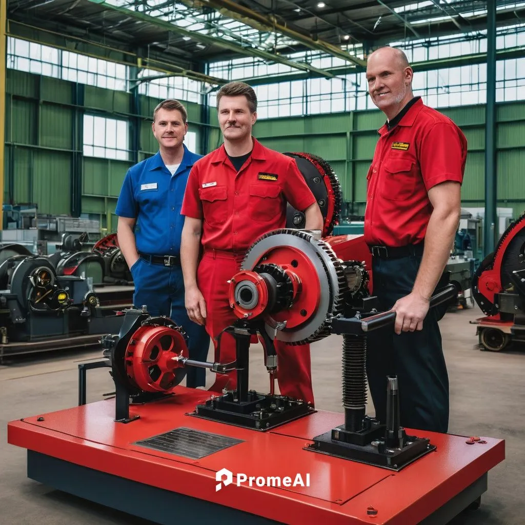 in a sleek, modern machine-building plant, two men with bright red and black gears stand at the cutting edge of a machinery-building plant. One person, dressed in a red and black work uniform, holds a