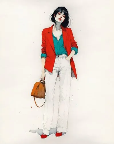 a woman in red jacket and white jeans,woman in menswear,kimbra,retro woman,parisienne,fashion vector,fashion sketch,Illustration,Paper based,Paper Based 19