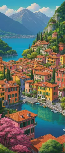 bellagio,italian painter,tuscan,italy,italia,lombardy,portofino,buxoro,ticino,colorful city,tuscany,world digital painting,resort town,aperol,lazio,aurora village,landscape background,veneto,spa town,liguria,Illustration,Retro,Retro 16