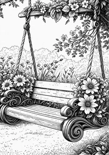 garden swing,garden bench,park bench,wooden swing,bench,flower cart,Design Sketch,Design Sketch,Detailed Outline