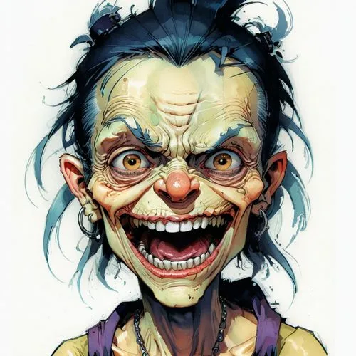 BUCKTOOTHED ANIE, AN OLD  YOUNG GIRL, UGLY FACE, THIN, CARTOON CHARACTER,corben,horror clown,grotesque,morgus,creepy clown,dollmaker,scary clown,twisty,kommuna,caricaturist,antwoord,caricatured,scary 