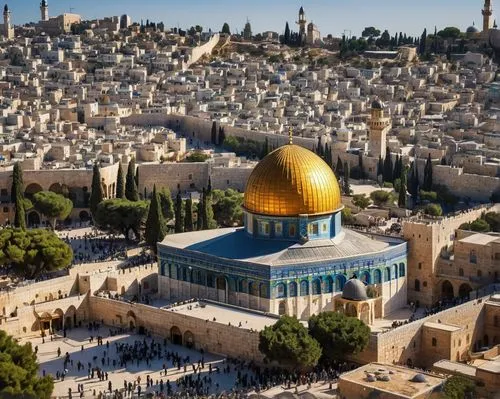 Ancient Jerusalem, historic cityscape, Dome of the Rock, Al-Aqsa Mosque, Western Wall, Church of the Holy Sepulchre, stone buildings, ornate arches, intricate mosaics, golden domes, minarets, narrow c