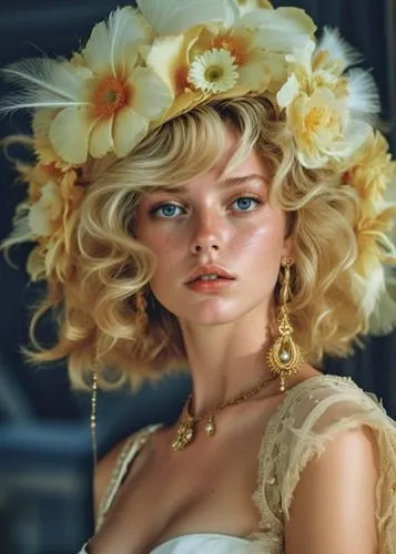 an attractive young woman in a headpiece with flowers,beautiful bonnet,connie stevens - female,ginta,vintage girl,vintage woman,millinery,Photography,General,Realistic