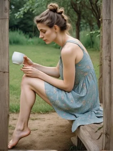 Barefoot girl with a knotted hairstyle in a simple gray mini dress with a coffee cup in the garden. Both knees are bent parallel.,holding cup,holding a coconut,milkmaid,girl with cereal bowl,woman wit