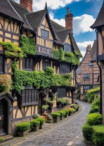 half-timbered houses,townscapes,shrewsbury,medieval street,timbered,ledbury,medieval town,staffordshire,canterbury,agecroft,cheshire,inglaterra,half timbered,knight village,shropshire,england,angleterre,llangollen,collonges,coalport,Illustration,Japanese style,Japanese Style 04