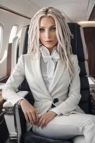 a stylisf bysinesswoman with white dreads in the black suit sitting on a privat set on a luxury jet,flight attendant,airplane passenger,air new zealand,business jet,stewardess,corporate jet,business w