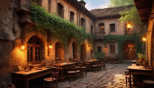 medieval street,tavernas,cortile,courtyard,auberge,trattoria,tavern,medieval town,haveli,patios,martre,wine tavern,trattorias,old city,metsovo,courtyards,locanda,quirico,casbah,conques,Art,Classical Oil Painting,Classical Oil Painting 18