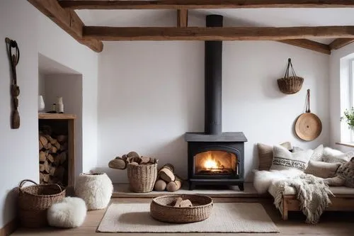 Scandinavian, farmhouse, interior, cozy atmosphere, wooden beams, white walls, rustic wooden furniture, vintage decorations, woven baskets, sheepskin throws, soft cushions, candlelight, fireplace, sto