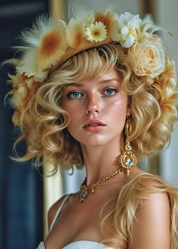 a woman with blonde hair and flower crowns,hairpieces,headdress,headpiece,connie stevens - female,bardot,beautiful bonnet,Photography,General,Realistic