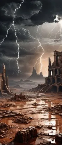 khandaq,barsoom,post-apocalyptic landscape,tartarus,temporal,fantasy picture,castlevania,world digital painting,fantasy landscape,karakas,deadlands,lightning storm,apocalyptic,malazan,tormenta,wastelands,seregil,darklands,sandstorm,ancient city,Conceptual Art,Fantasy,Fantasy 33