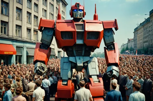 masterpiece, ultra quality, HDR, Soviet giant robots like transformers, Soviet Union in 1970, at the city, many soviet people, all happy, parade,transformers,transformer,dreadnought,mg f / mg tf,minib