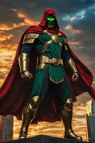 Dr. Doom, unmasked, muscular male, tall, bald head, blue eyes, sharp facial features, menacing gaze, red cloak, golden armor, intricate details, metal plating, ornate designs, standing, powerful pose,