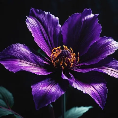 a purple flower with yellow center surrounded by dark foliage,anemone purple floral,purple flower,anemone japonica,purple dahlia,purple anemone,petals purple,Illustration,Black and White,Black and Whi